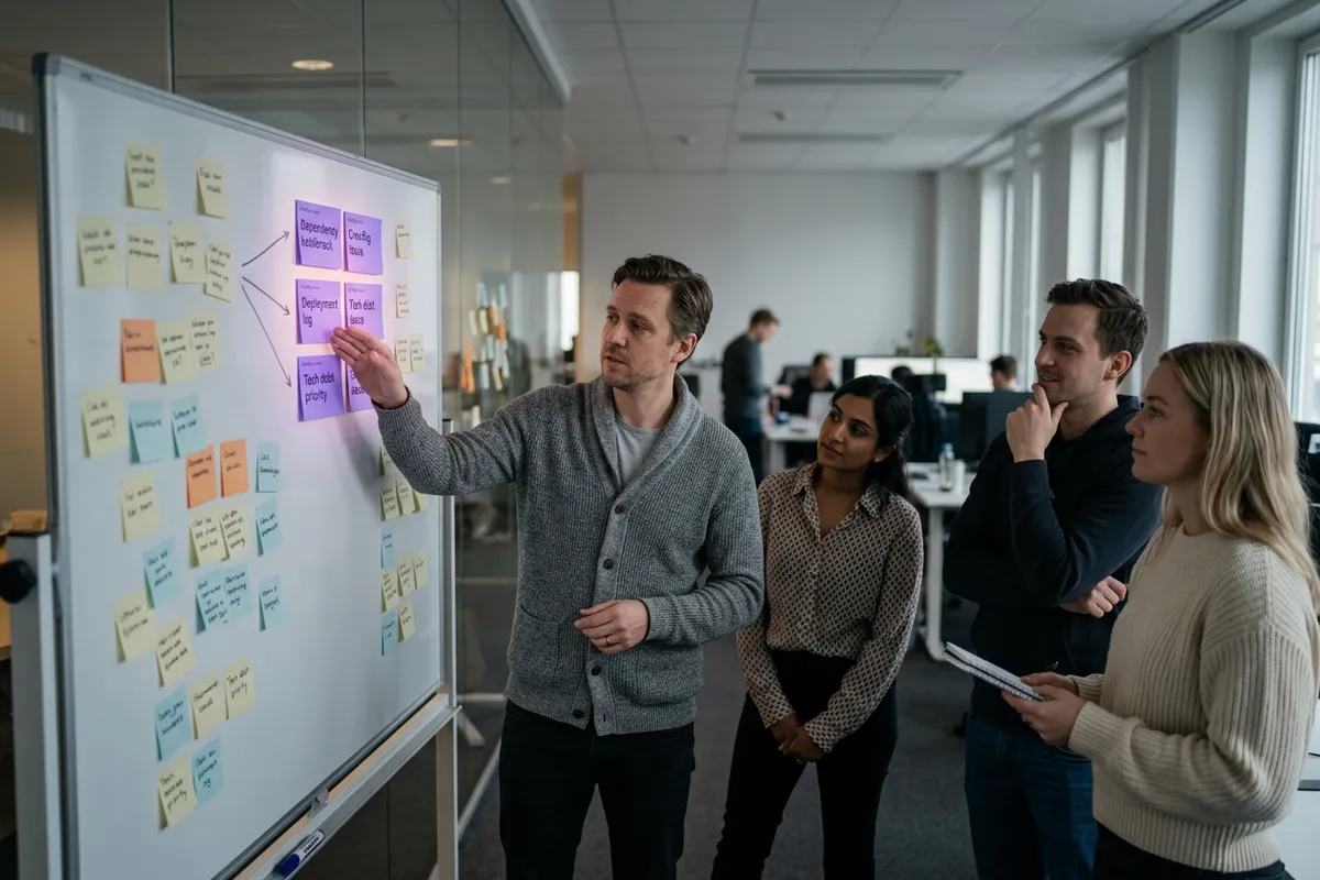 Tomas at a standup board where scattered sticky-note frictions converge and resolve into a few clean labelled issue cards, with Priya, Marcus, and Lena gathered around.