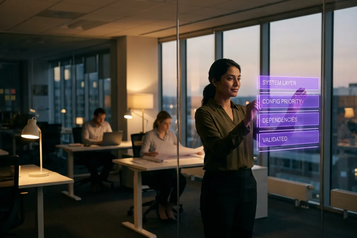 Priya Nair arranges translucent stacked panels of violet light along a glass office wall while teammates work in soft background focus.