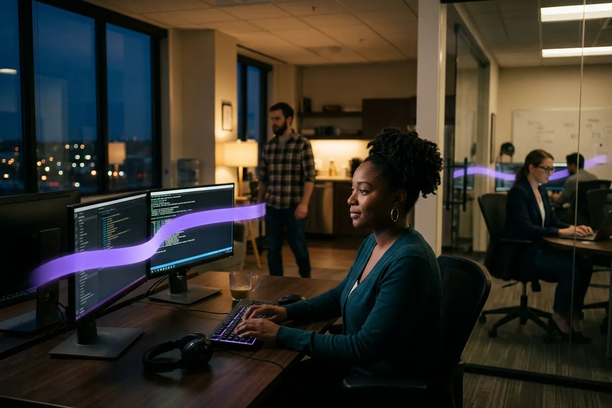 Aisha at a multi-monitor setup with three CLIs open side by side, a single continuous ribbon of violet light bridging the same configuration across all three screens.